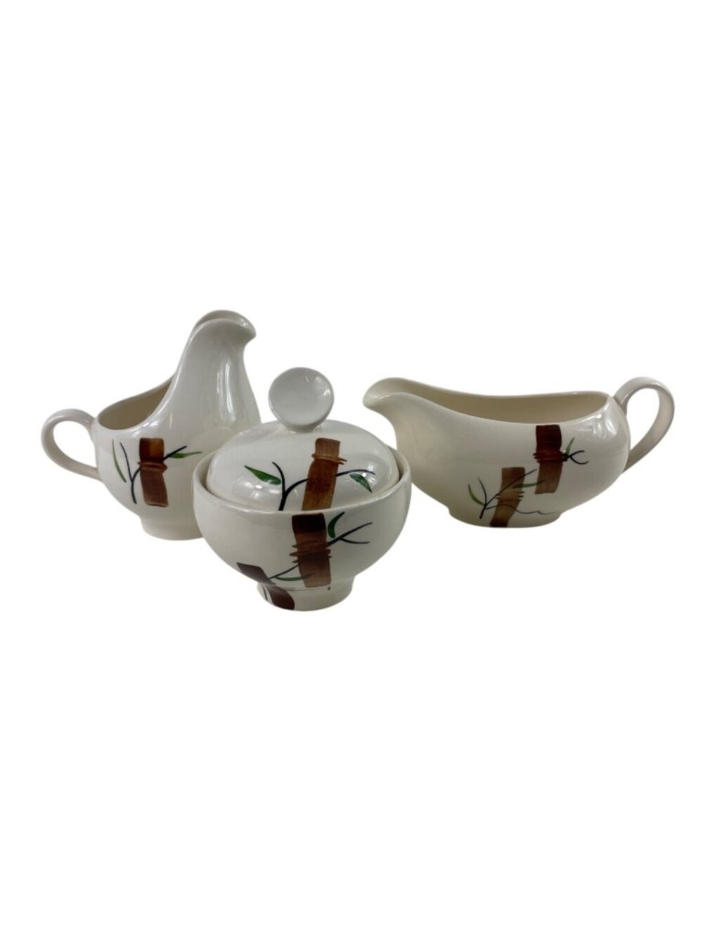 Stetson STT22 Brown Bamboo, Green Leaves Creamer Sugar Bowl/Lid Gravy Boat
